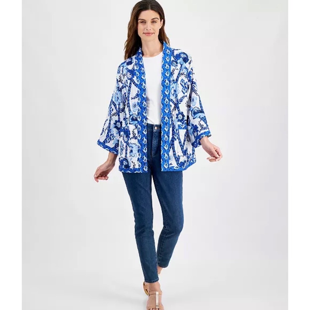 Style & Co Reversible Kimono Womens Medium Blue Floral Boho Linen Blend